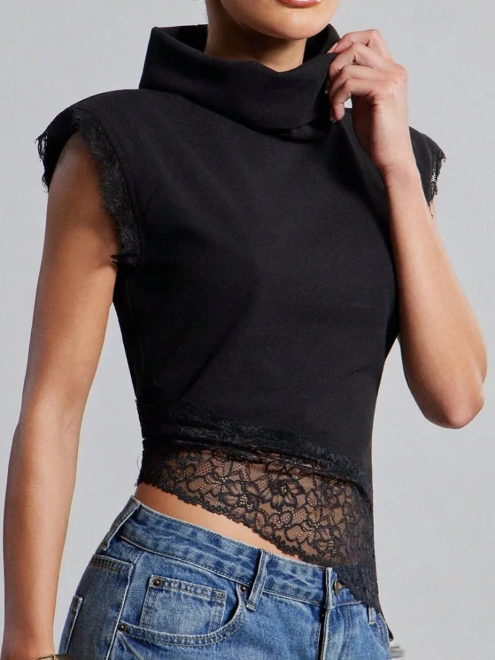 Black Casual Women's Contrast Lace High Neck Crop Flounce Sleeve Knit Top